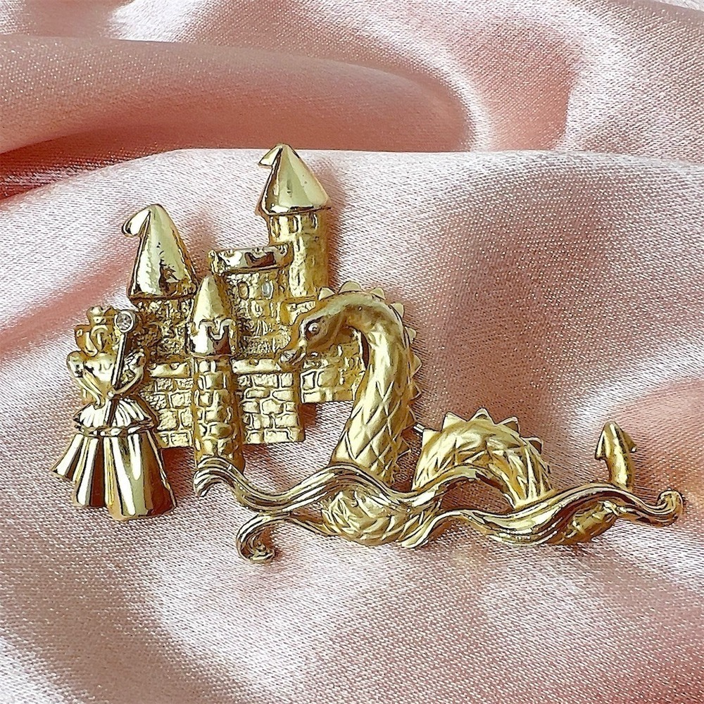 Vintage A.J.C. Dragon & Castle Brooch Pin Gold Tone Clear Rhinestone - Picture 2 of 7
